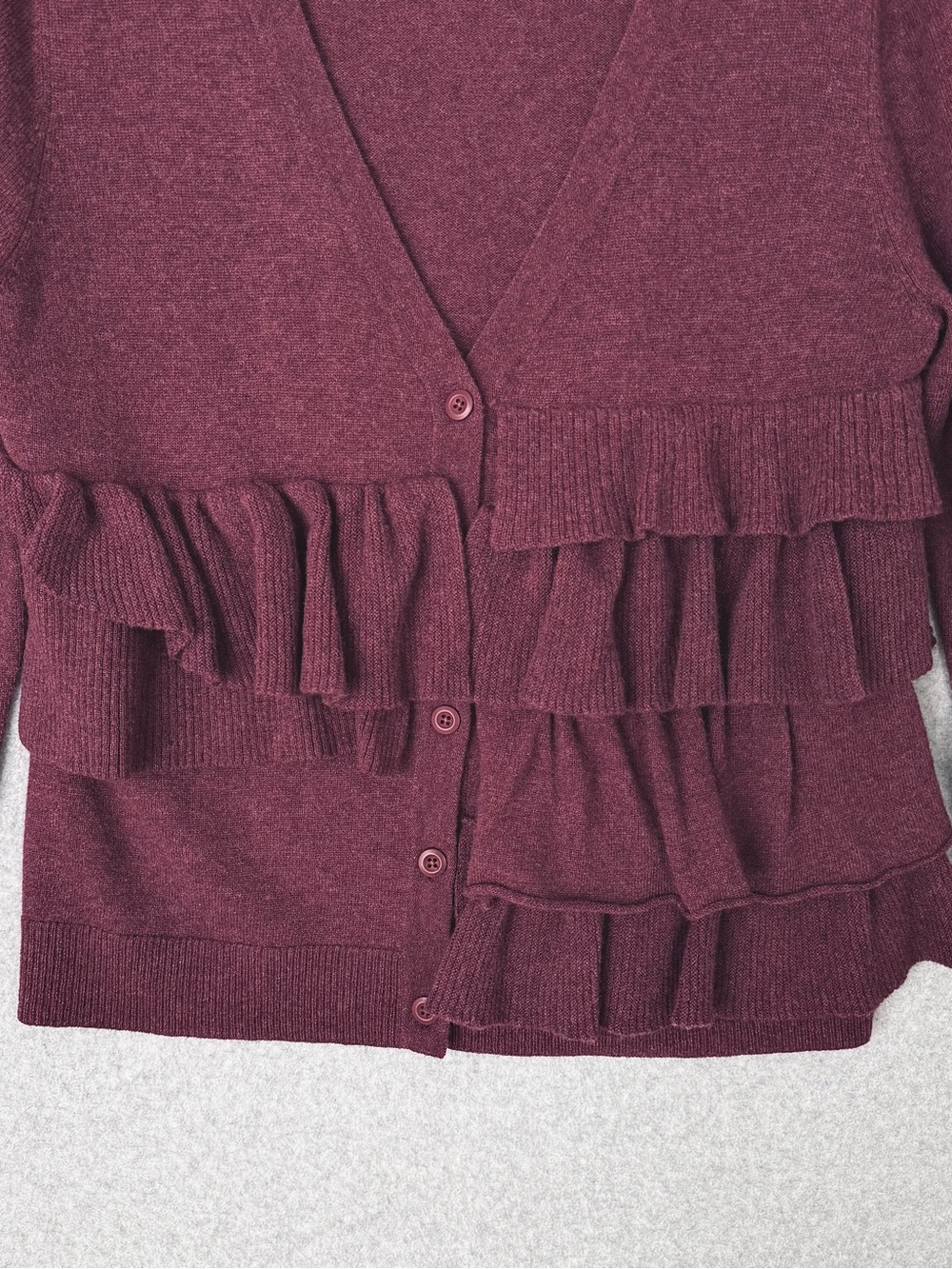 Garnet Hill Cardigan Sweater Large Burgundy Purple Red Wool V-neck Ruffle Front - Picture 4 of 15
